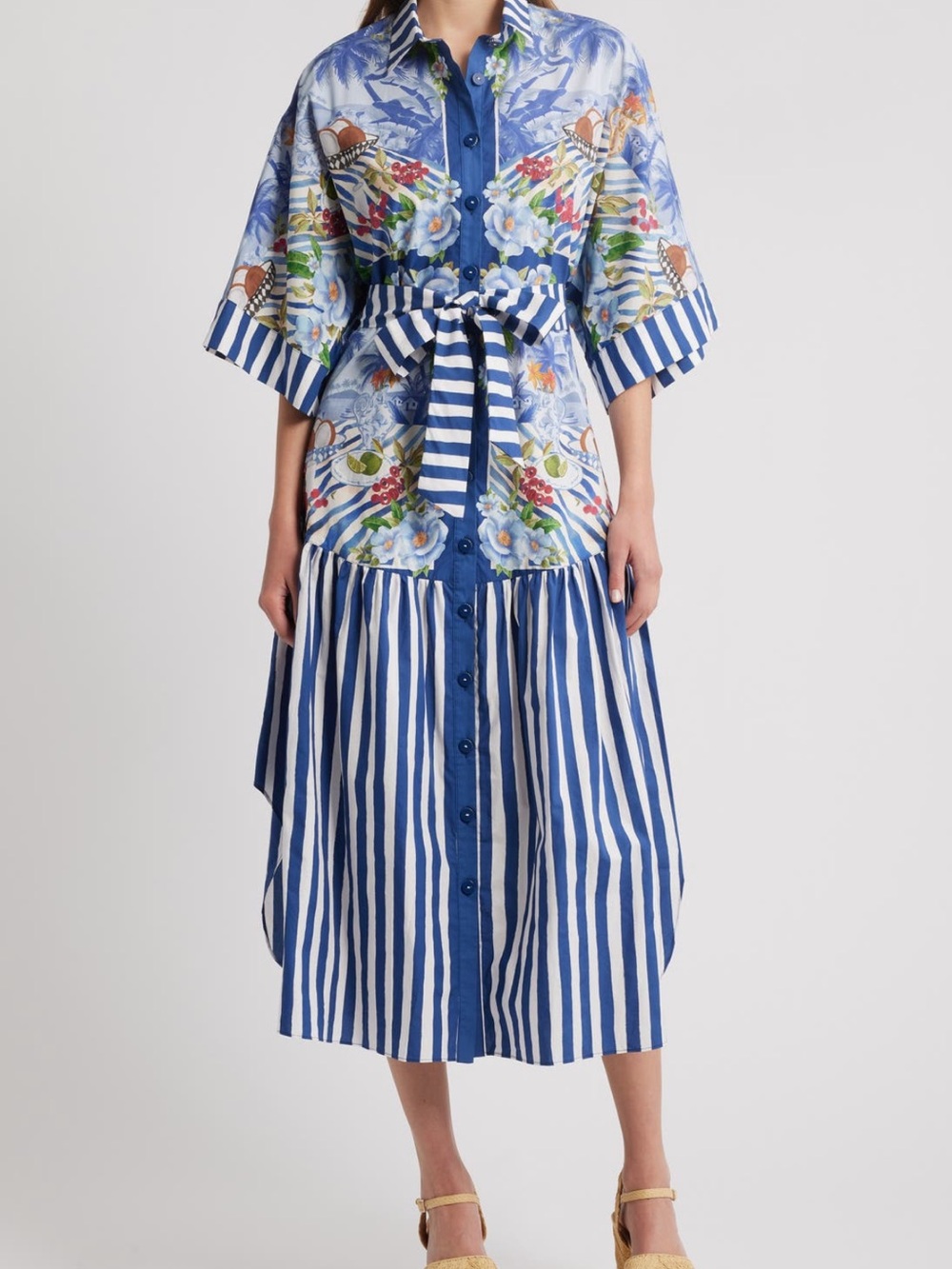 FARM Rio Blue & White Floral-Striped Button Midi Dress fresh scarf print